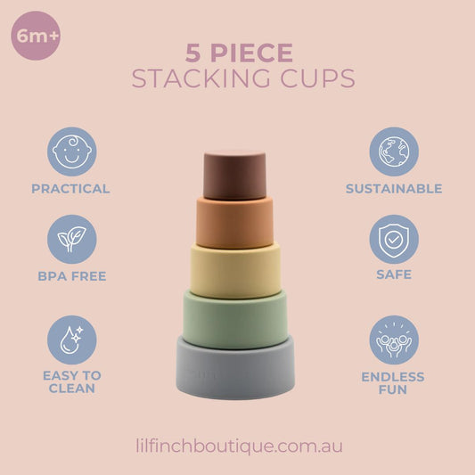 Stacking cups graphic with stacked cups in brown, beige, green, and gray