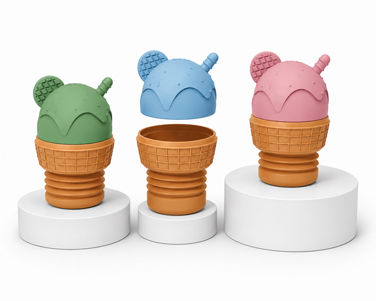 Set of three ice cream bath squeeze toys on white pedestals: green, blue, pink