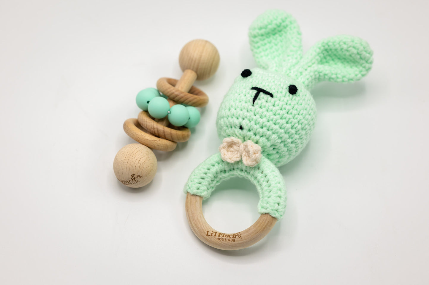 Crochet Bunny & Silicone Rattle Set Green