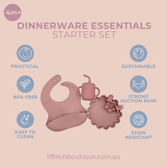 Baby dinnerware essentials starter set in powder rose: bib, bowl, sippy cup.