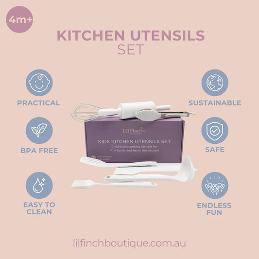 Kitchen utensil set graphic with included white tools in purple packaging