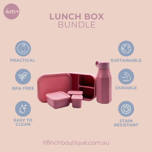Pink lunch box bundle packaging with bottle, divided tray, and small containers
