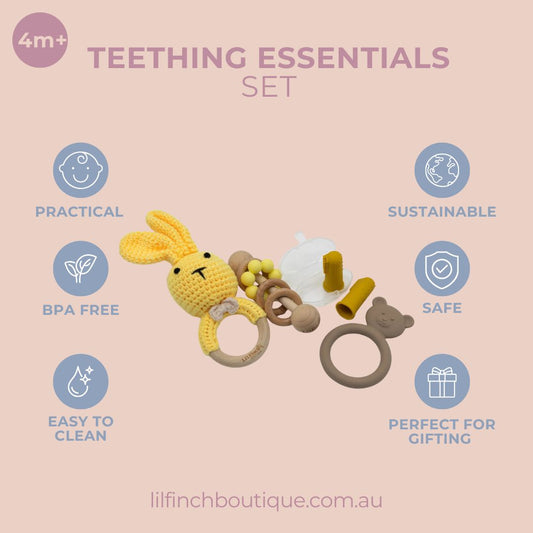 Teething essentials set product icons with illustrated bunny and ring teether