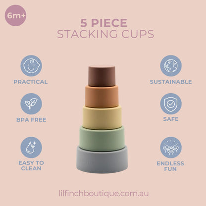 Stacking cups graphic with stacked cups in brown, beige, green, and gray
