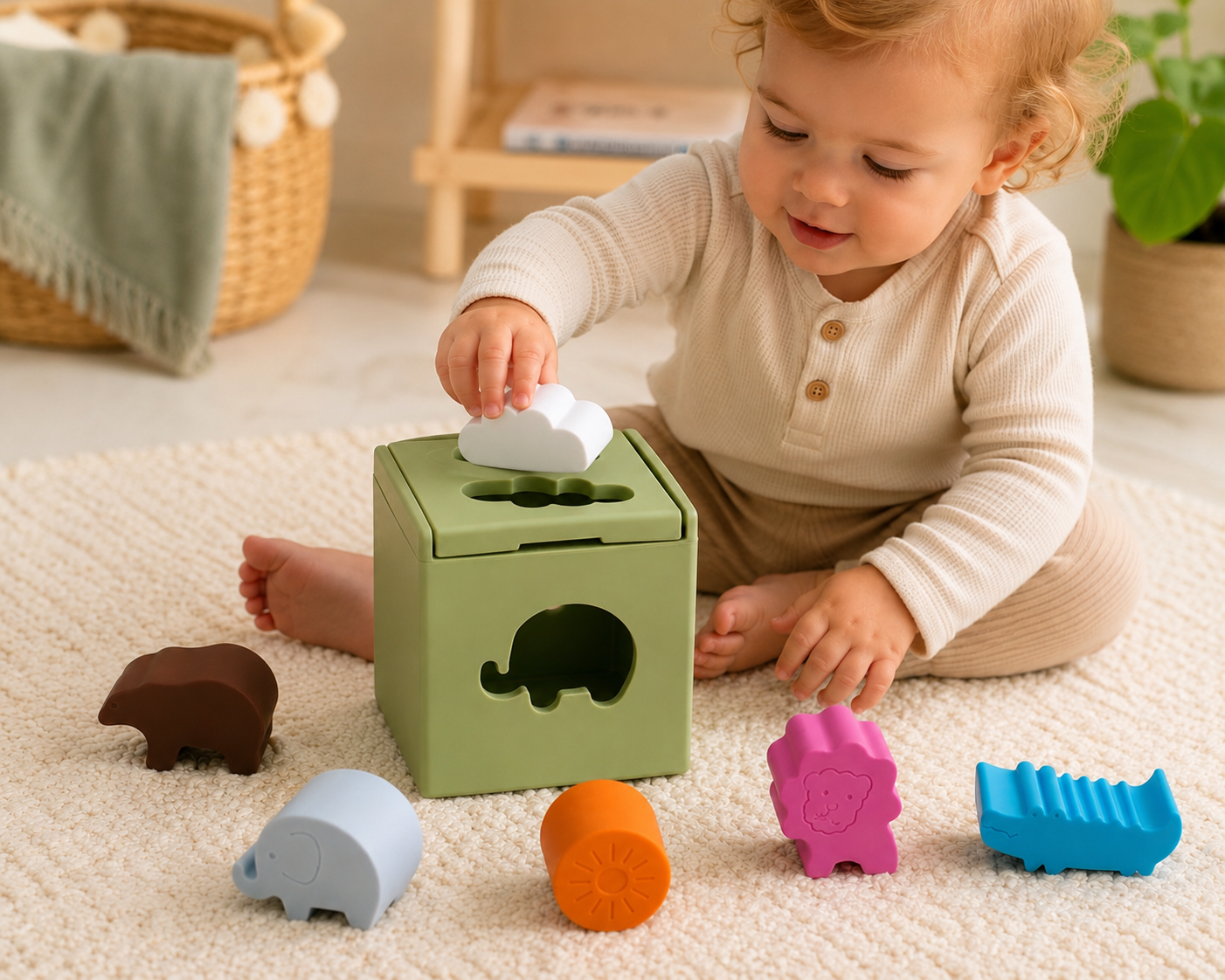Green shape-sorting cube toy with animal cutouts and stacking pieces on floor