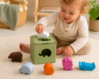 Green shape-sorting cube toy with animal cutouts and stacking pieces on floor
