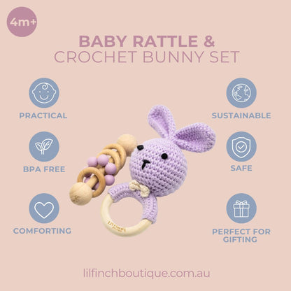 Purple crochet bunny baby rattle set illustration with wooden ring teether and beads.