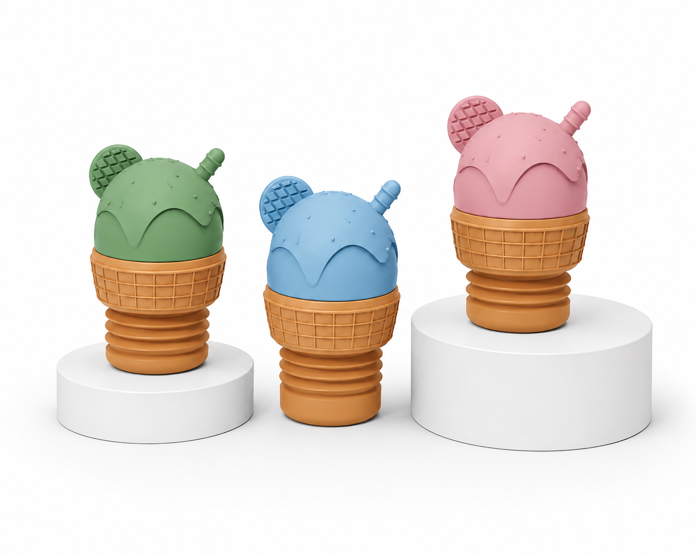 Three colorful ice cream-shaped bath toys 