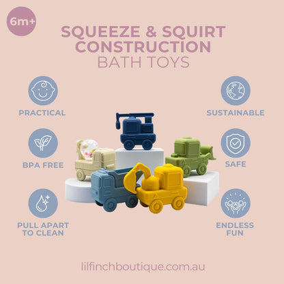 Construction bath toy set promotional card featuring five pastel vehicle toys