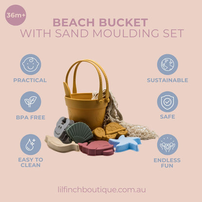 Sand moulding beach set with yellow bucket, sea molds, and beige mesh sand bag