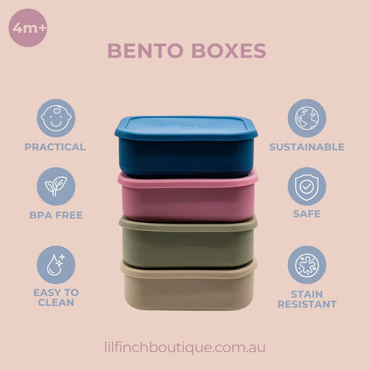 Stacked bento boxes with icons for practical, BPA-free, easy to clean, and safe