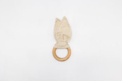 Cream bunny ear teether with fabric ears and round wooden teething ring