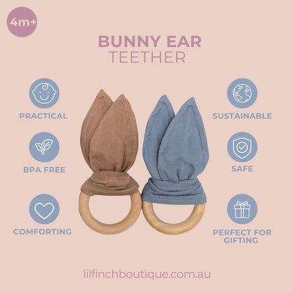 Bunny ear teether promotional graphic with icons and two teething rings