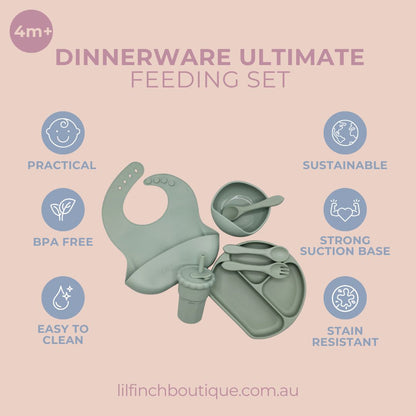Sage green baby feeding set with bib, divided plate, cup, bowl, and utensils