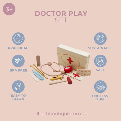 Doctor play set box with red cross emblem and illustrated medical tools