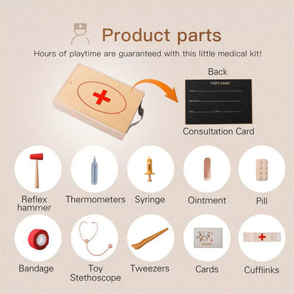 Wooden doctor play medical kit with case, stethoscope, tools, and cards