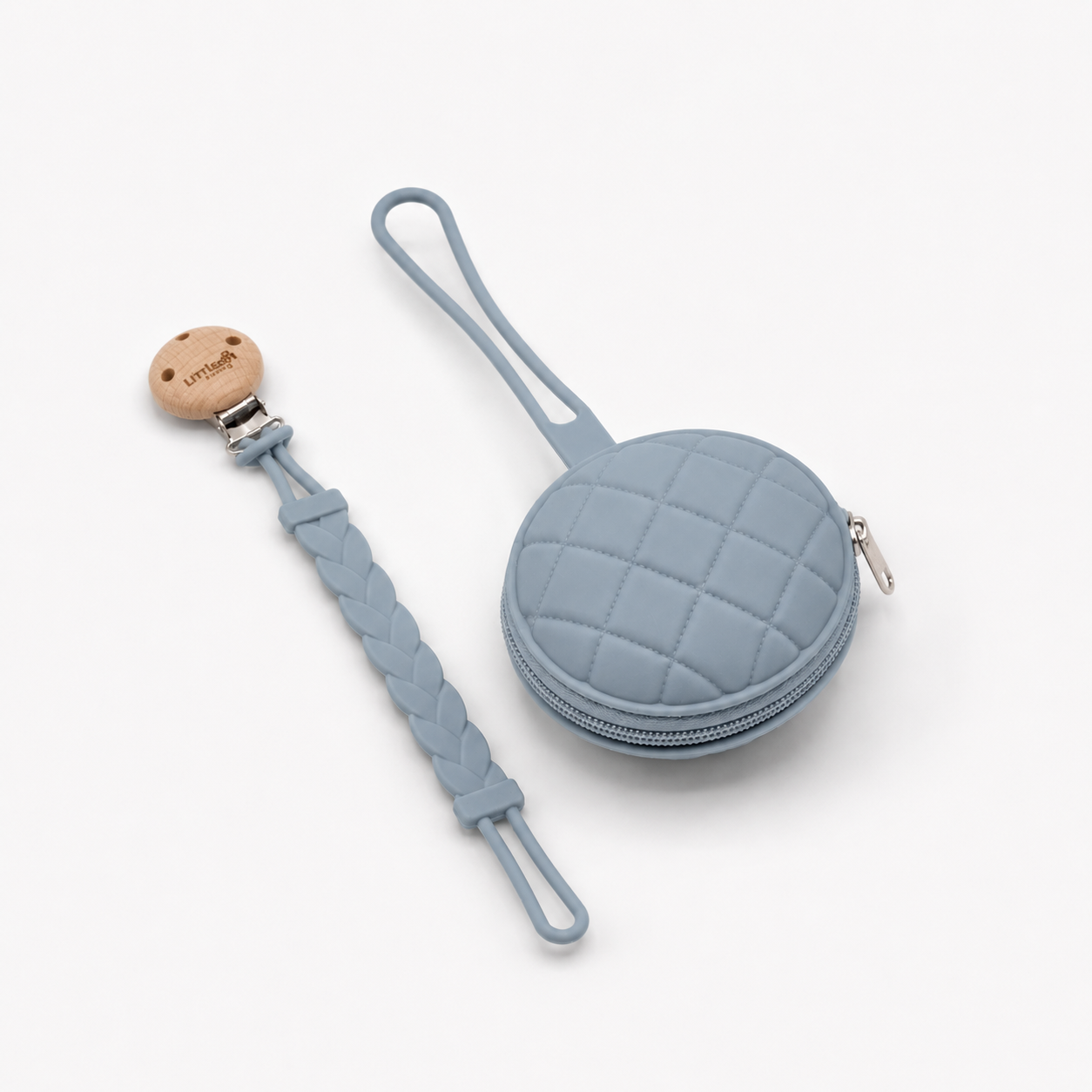 Dusty blue silicone dummy case with matching dummy clip and wooden clip 