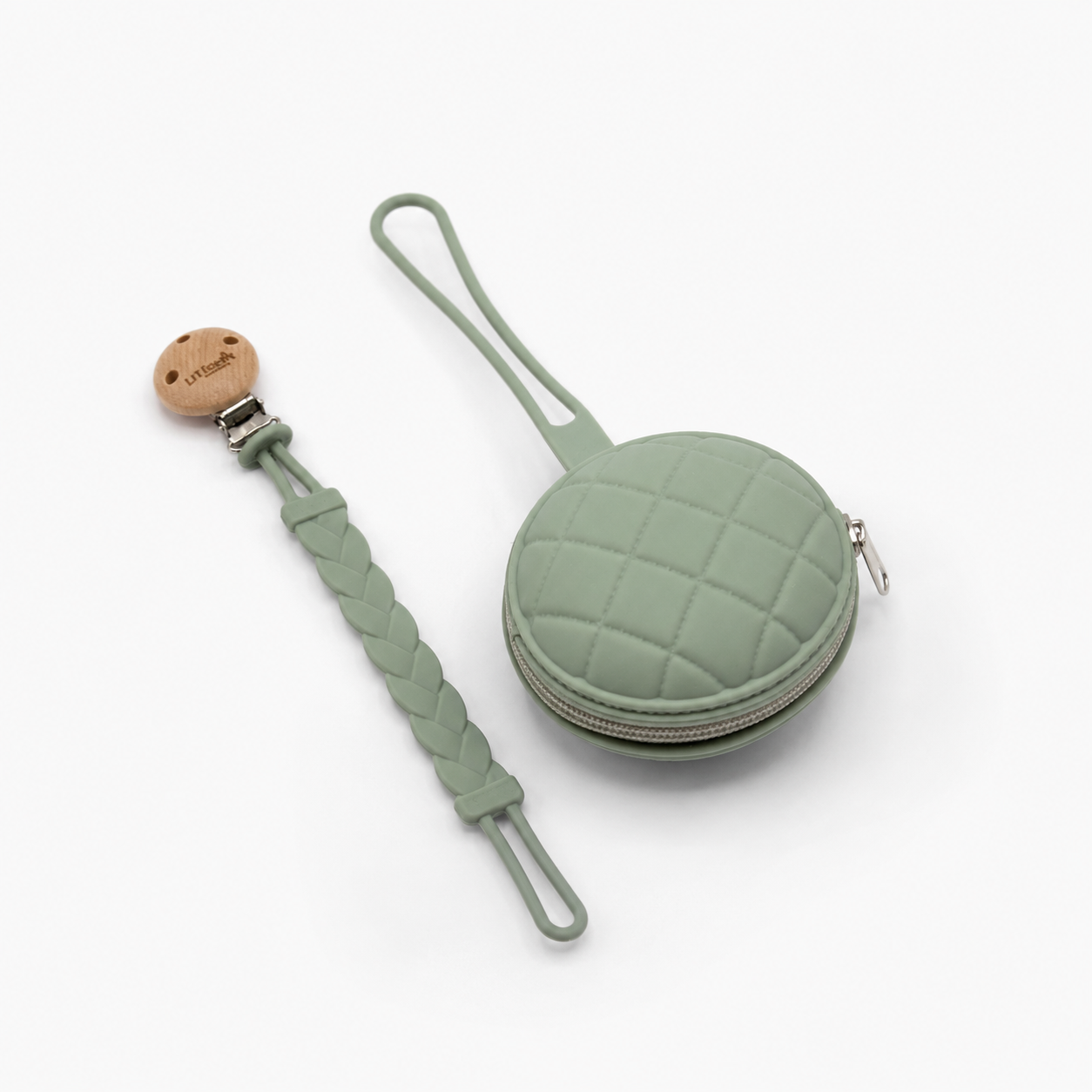 Sage green pacifier clip with matching silicone dummy case