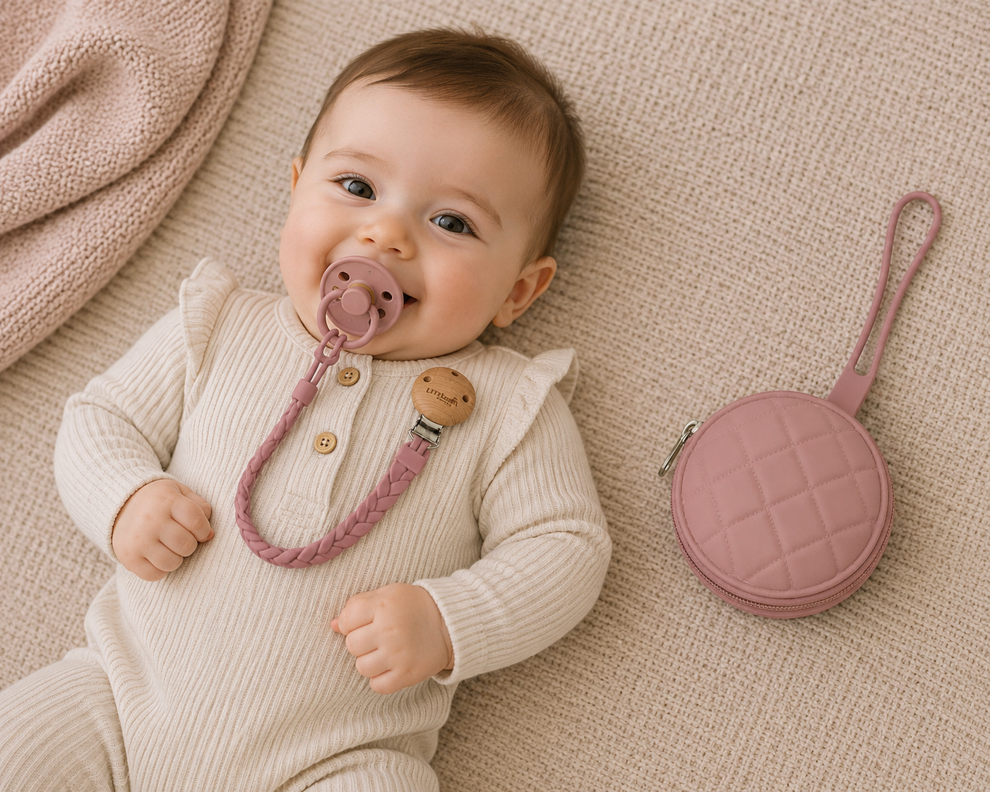 Baby lying down with a pink dummy clip and matching pink dummy case
