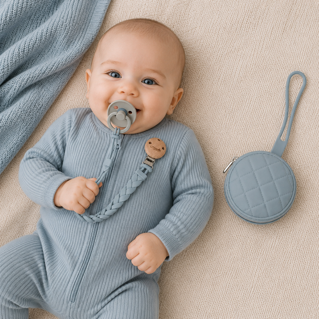 Baby with a dummy, lying down with a blue textured blanket and round blue dummy case.