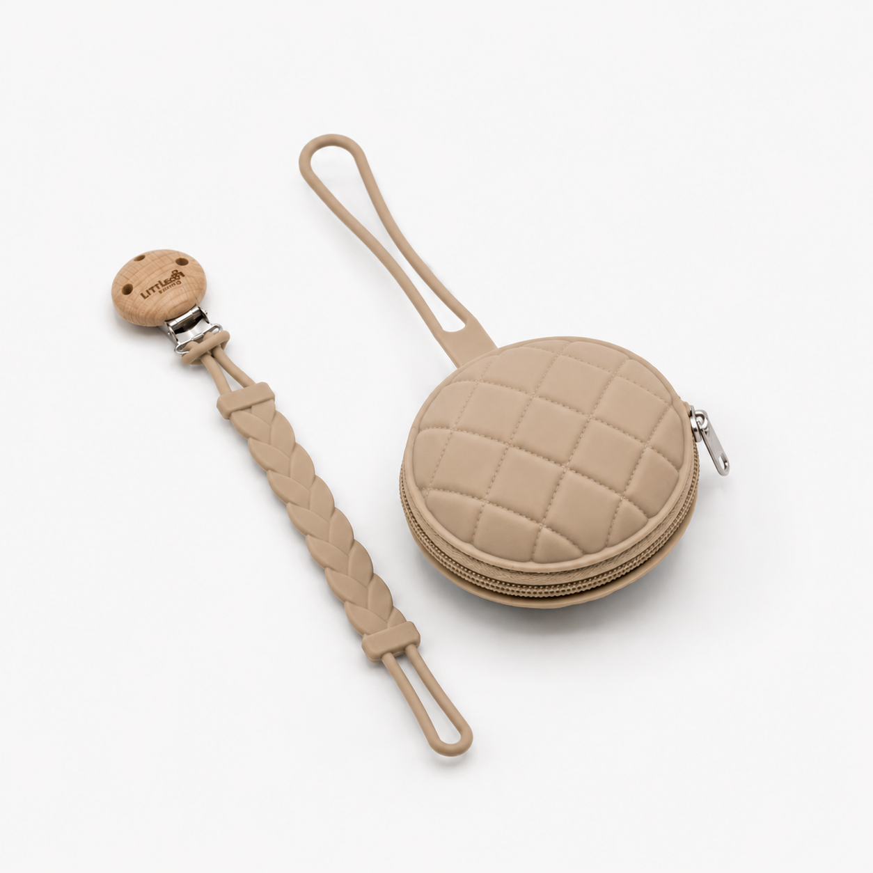 Latte round silicone dummy case with a matching silicone pacifier clip 