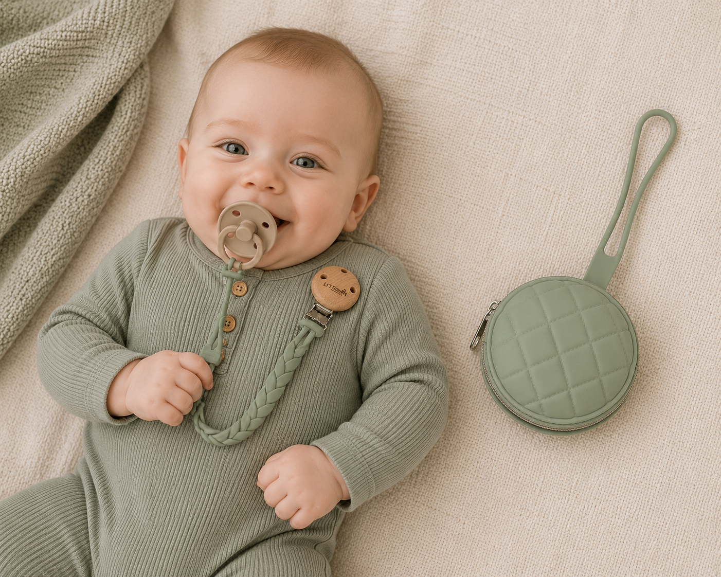 Baby with a dummy, lying on a beige blanket next to a matching green pouch.