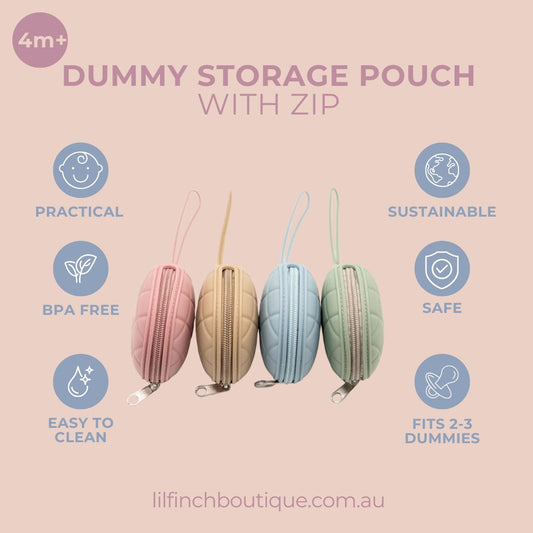Round storage pouch with zip shown in multiple colors, tan, rose, blue, and sage