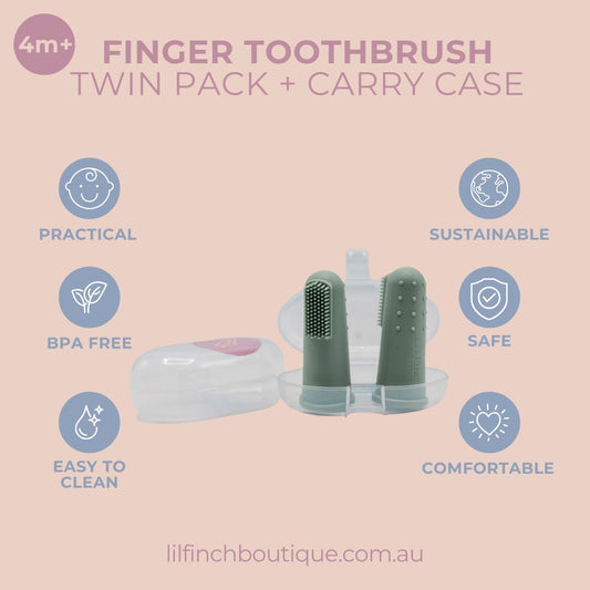 Twin pack finger toothbrushes with clear carry case, sage and mint colors