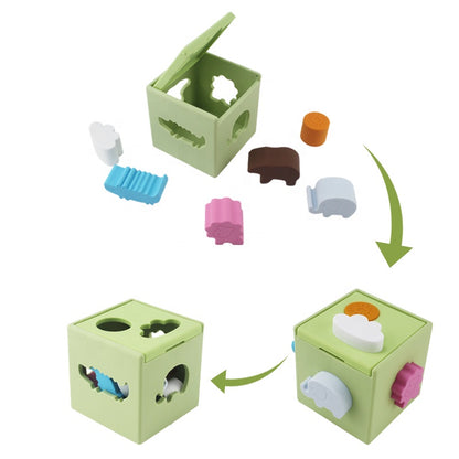 Green shape-sorting cube with removable animal pieces shown in step sequence