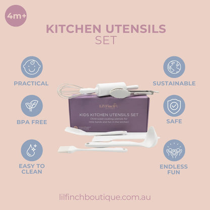 Kitchen utensil set graphic with included white tools in purple packaging