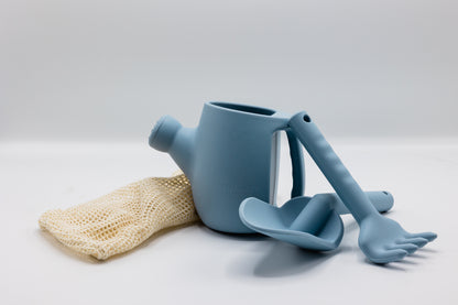 Blue plastic watering can set with rake and spade, plus mesh glove