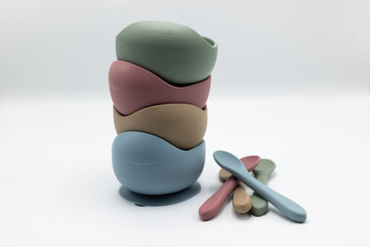 Suction bowl set with spoon, stackable in sage, rose, latte, and blue