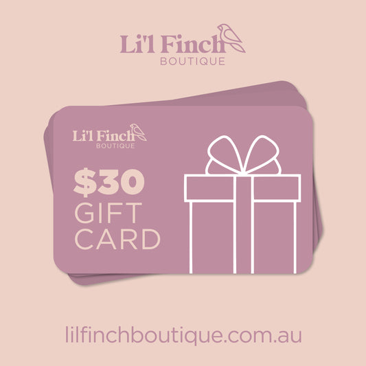 Li'l Finch $30 gift card with gift icon on mauve card