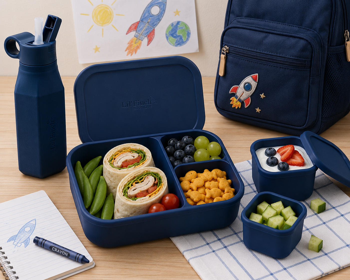 Navy blue bento box with compartments filled with lunch, a water bottle, and snack boxes filled with snacks