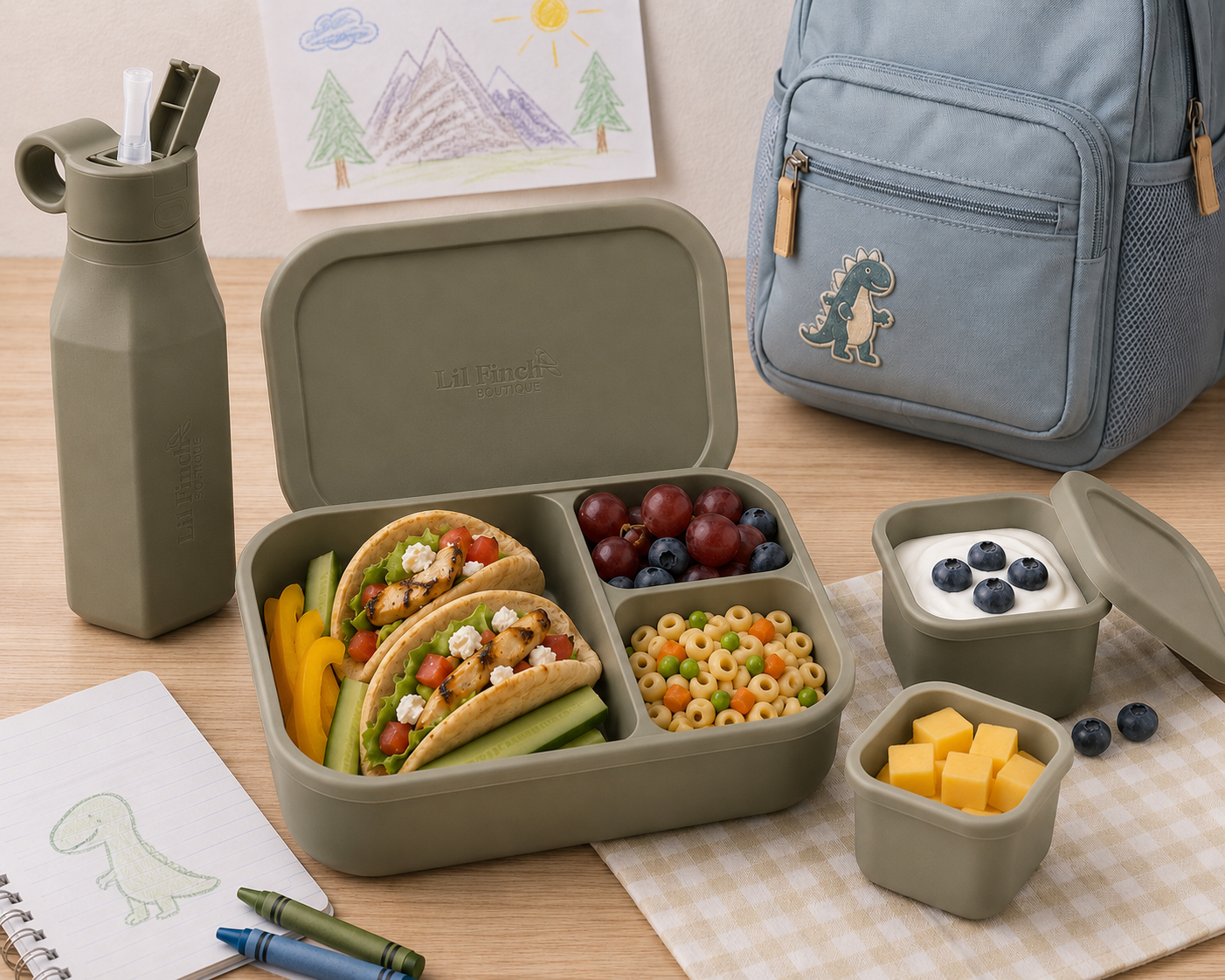 Children's bento lunchbox with food compartments, water bottle, and snack boxes filled with snacks