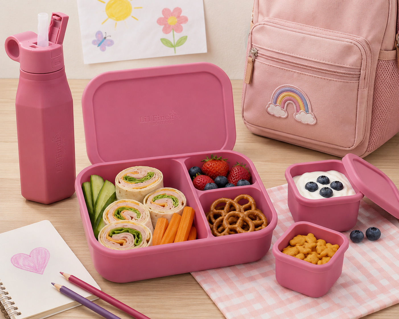 Pink bento box with lunch, pink water bottle, and pink snack boxes filled with snacks 