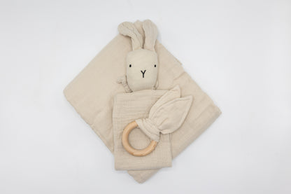 Latte newborn snuggle set with bunny hood and fabric teether