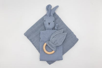 Dusty blue newborn snuggle set with bunny hood and fabric teether