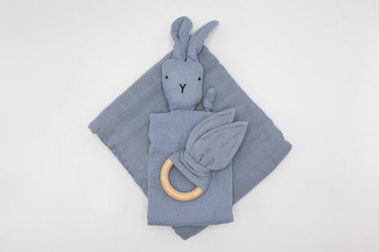 Dusty blue newborn snuggle set with bunny hood and fabric teether