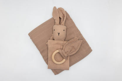 Light brown newborn snuggle set with bunny hood and fabric teether