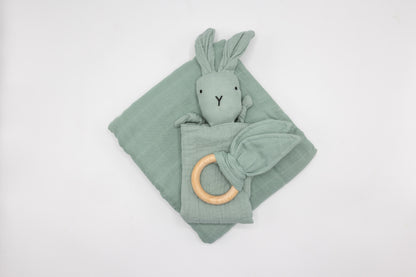 Sage green newborn snuggle set with bunny hood and fabric teether
