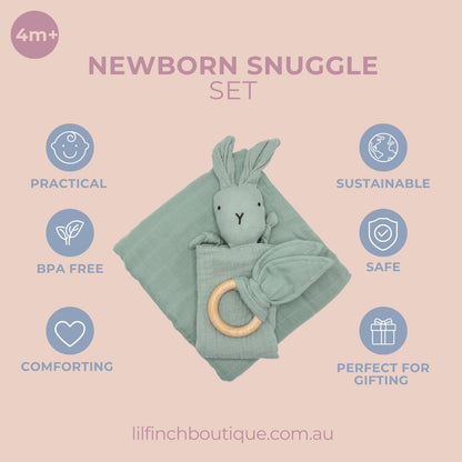 Mint green newborn snuggle set with bunny hood, bow, and teether ring