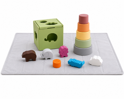 Explorer play set: green cube, stacked rings and animal blocks on grey mat
