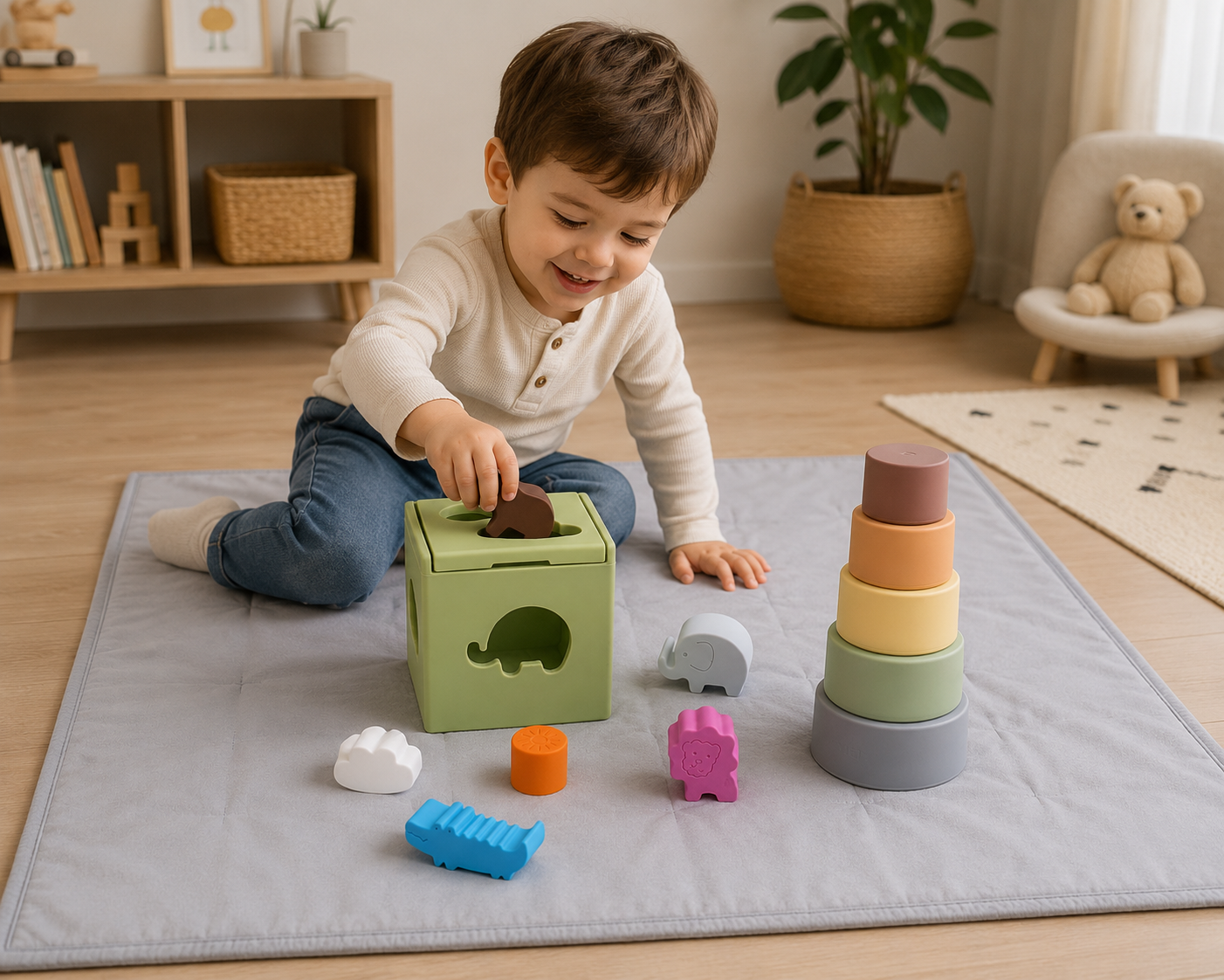Child playing with silicone educational toys on a grey play mat.