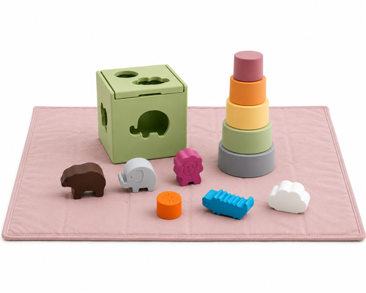 Explorer play set with green cube, stacked rings and animal blocks on pink mat