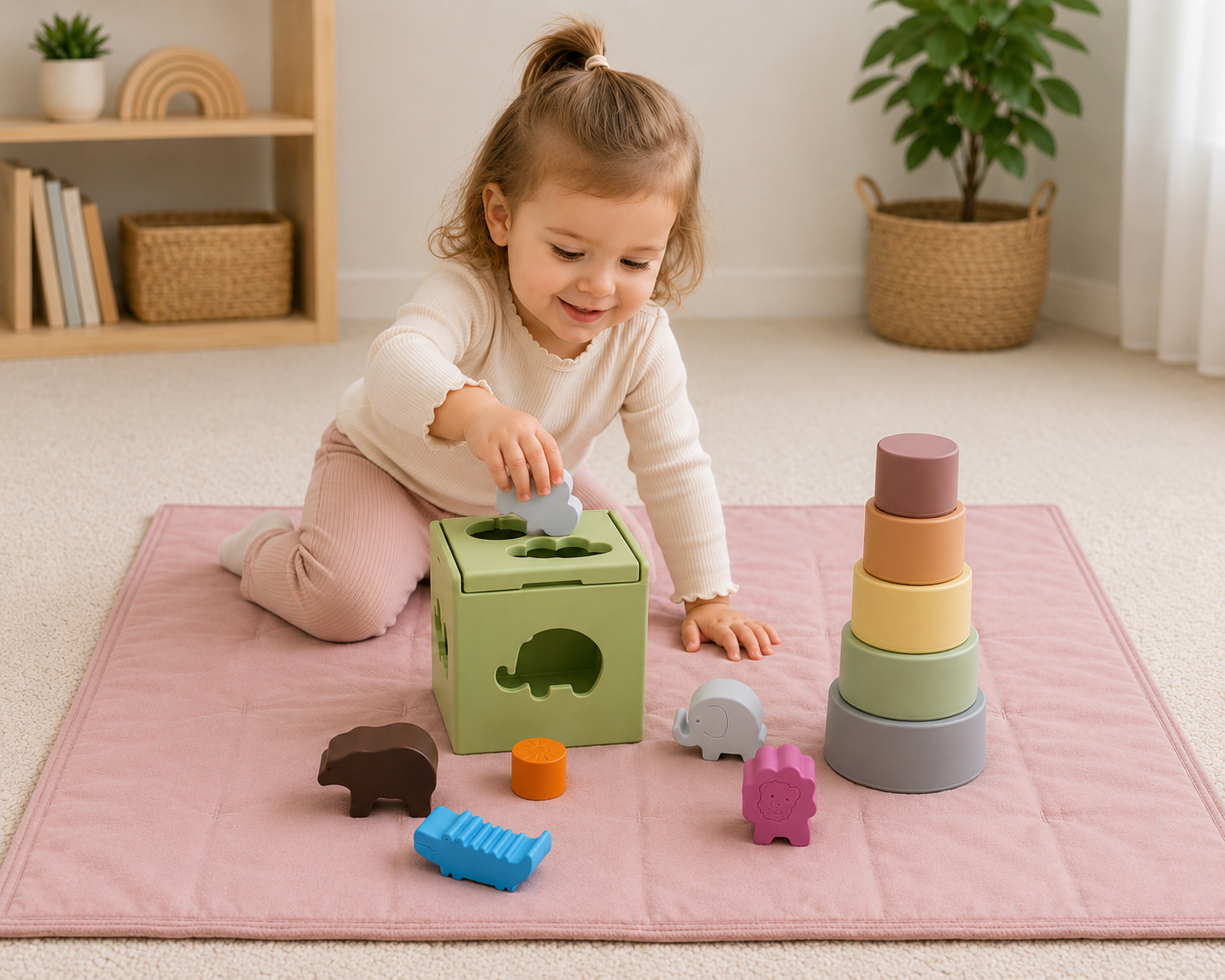 Child playing with silicone educational toys on a pink play mat 