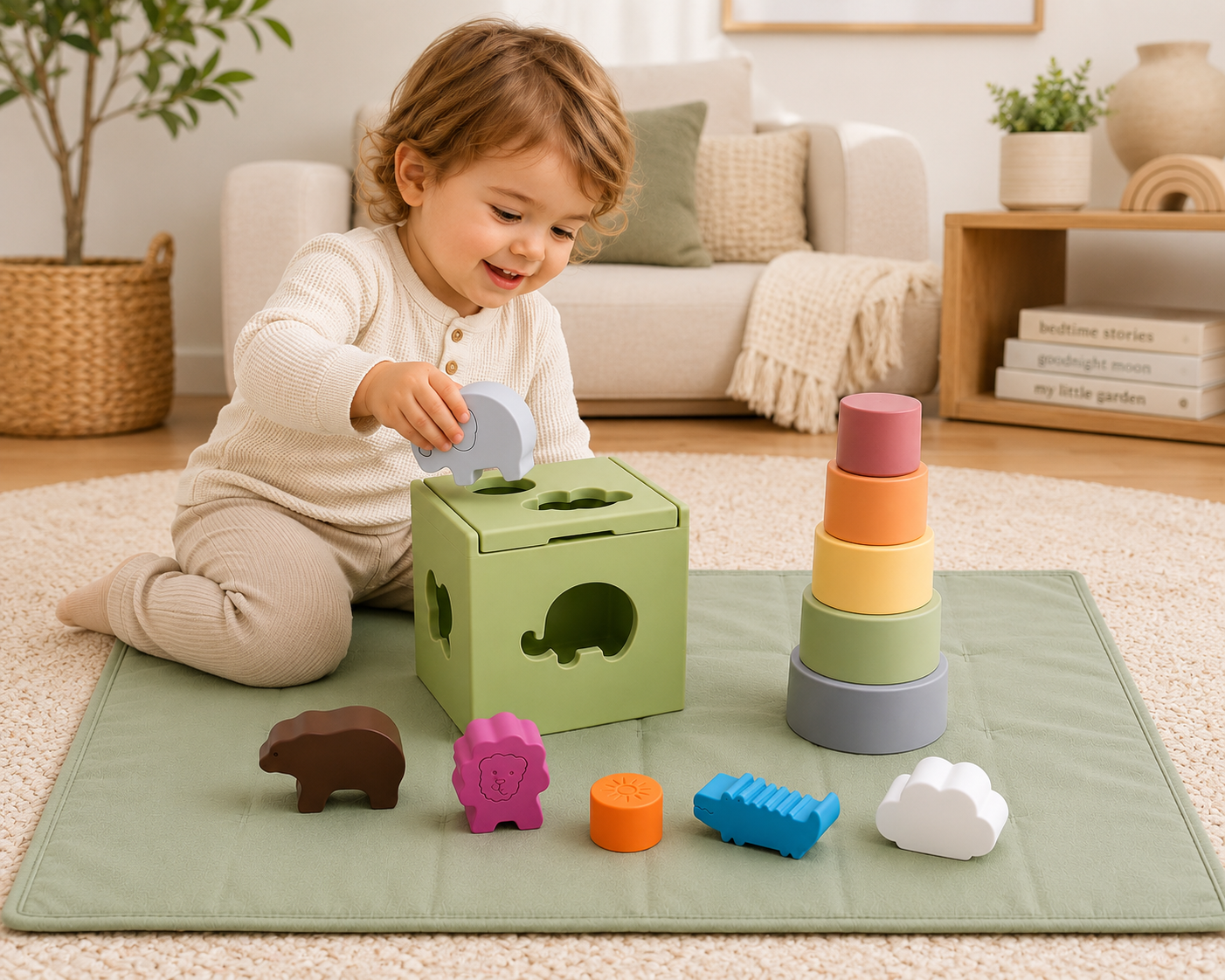 Explorer play set with green cube, stacked rings and cloud pieces on sage mat