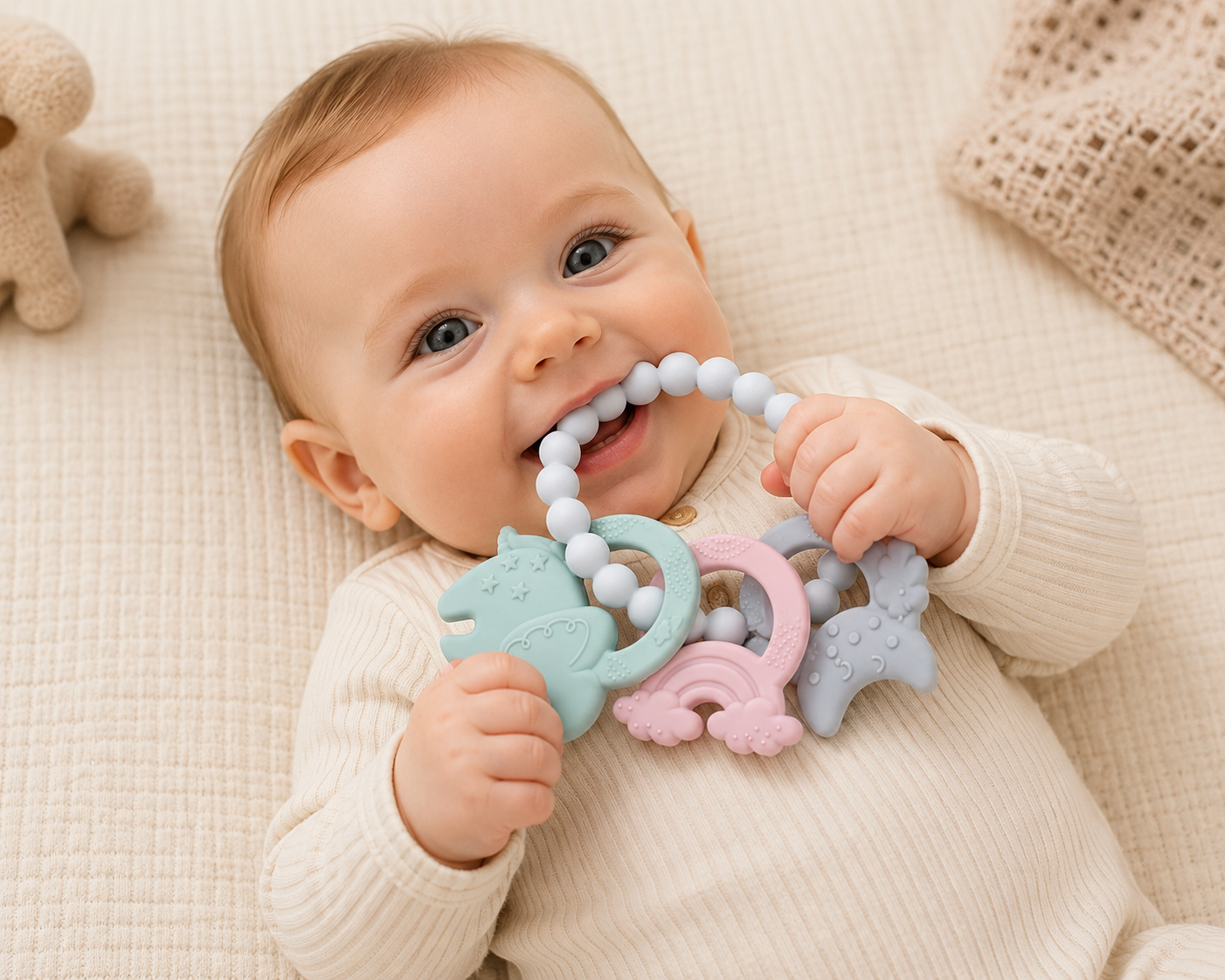 Baby holding a colorful teething ring on a soft surface