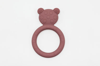 Dusty rose teddy bear teether with textured bear head and circular ring