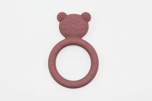 Dusty rose teddy bear teether with textured bear head and circular ring
